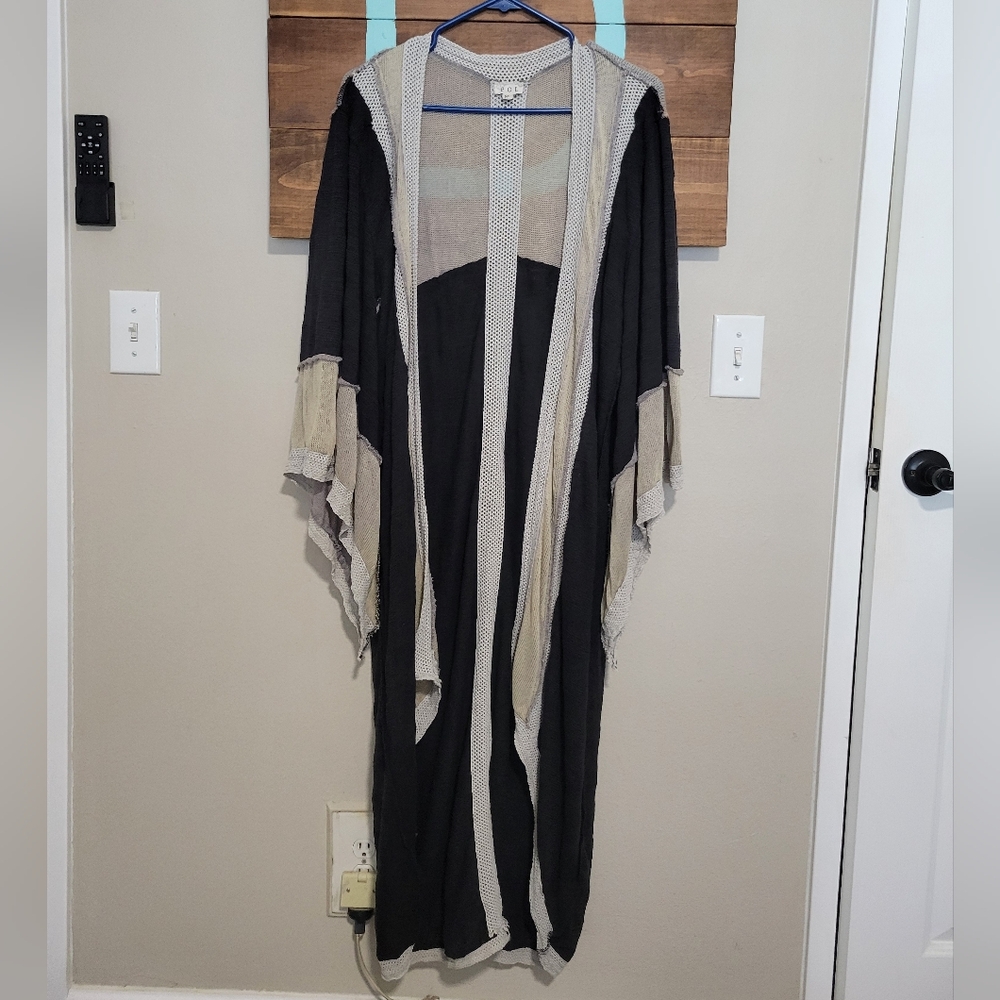 POL Black/Taupe Mixed Media Oversized High Low Duster Bohemian Cardigan Size M - Picture 2 of 7